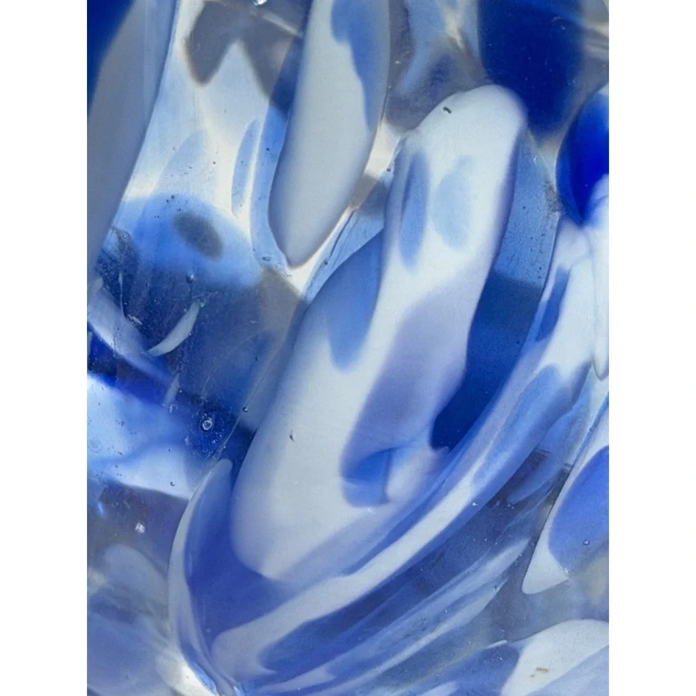Pier 1 Imports Blue white Swirl Hand Blown Glass Vase with Green Handles